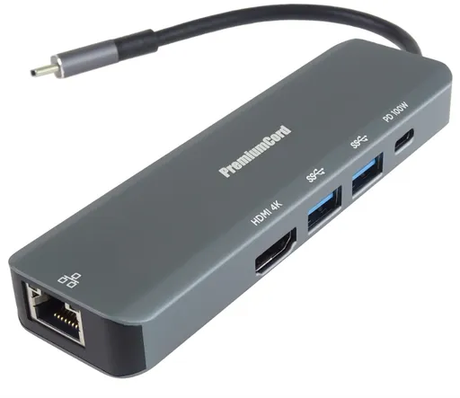 PremiumCord USB-C na HDMI, 2x USB3.2, PD 100W,RJ45