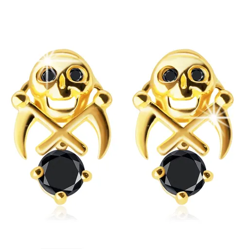 Náušnice ve žlutém 585 zlatě - lebka se dvěma kosami, černé zirkony