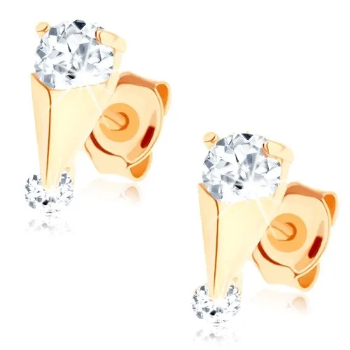 Zlaté náušnice 14K s kuželovým detailem a dvěma čirými zirkony
