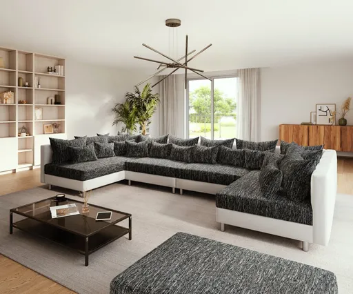 Pohovka ve tvaru "U" Clovis XL bílá černá se stoličkou