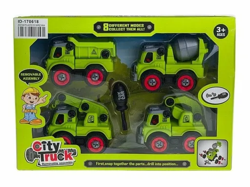 Sada 4 stavebních vozidel na šroubování s nářadím