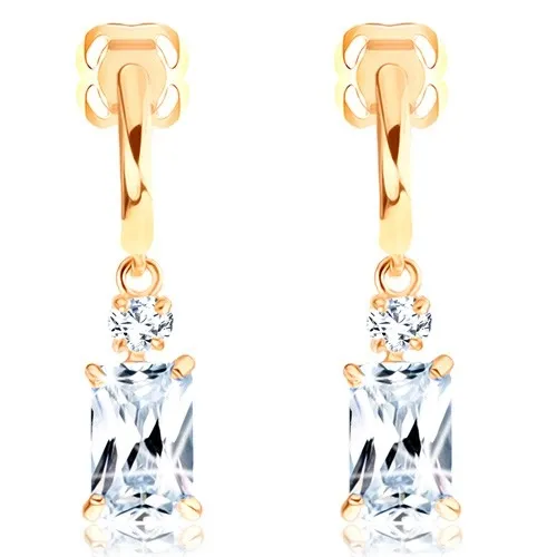 Náušnice ve žlutém 14K zlatě - lesklý oblouk, kulatý a obdélníkový zirkon