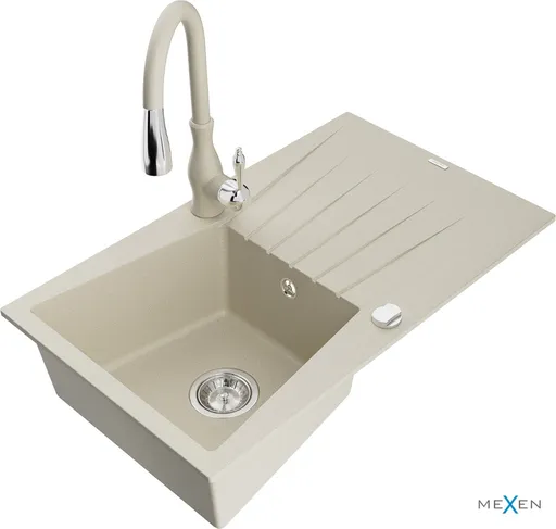 MEXEN/S Cesar granitový dřez 1 s odkapávačem včetně baterie Savita, béžová 6514-69-672601-69