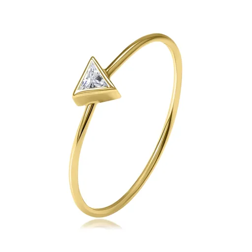 Zlatý prsten ze 14K žlutého zlata - trojúhelník s čirými zirkony, úzká ramena - Velikost: 49