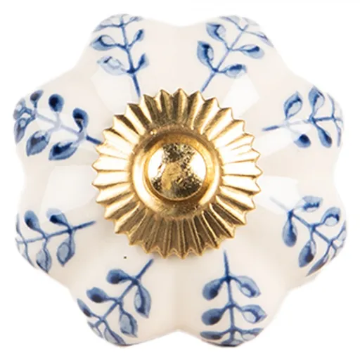 Béžová keramická knopka květina s modrými listy - Ø 4*3 cm / S3 cm Clayre & Eef