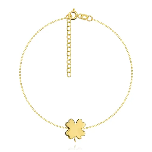 Náramek ve žlutém 14K zlatě - lesklý čtyřlístek, tenký řetízek z oválných oček
