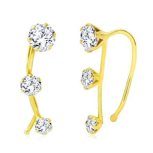 Zlaté náušnice 585, oblouk se třemi čirými zirkony, háčky