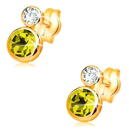 Náušnice ve žlutém 14K zlatě - kulatý zelený olivín a čirý zirkon