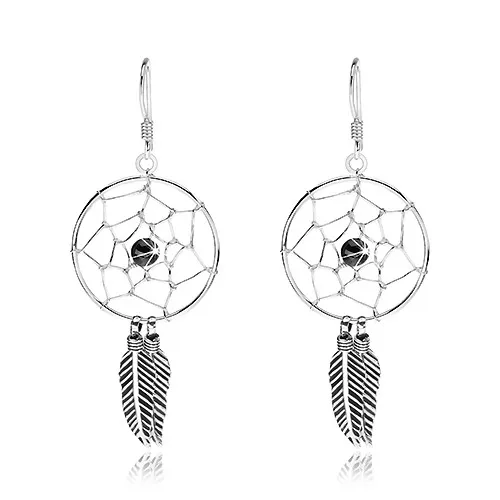 Stříbrné náušnice 925, lapač snů s černou kuličkou a pírky, 20 mm