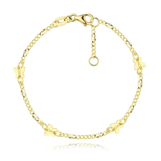 Náramek ze žlutého zlata 585 - siluety motýlů, hladká a paprskovitá zdobená očka