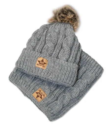 Baby Nellys Zimní pletená čepice s bambulí + komínek, šedá, vel. 92/98