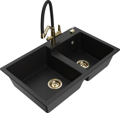 MEXEN/S Tomas granitový dřez 2-bowly včetně baterie Duo, černá 6516-77-671701-57-G