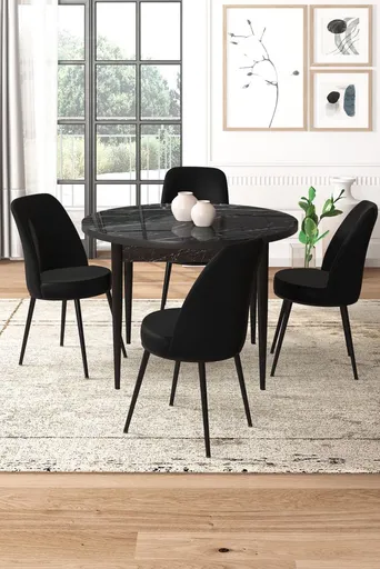 Dining Table & Chairs Set (5 Pieces) Tor - Black Marble, Black
