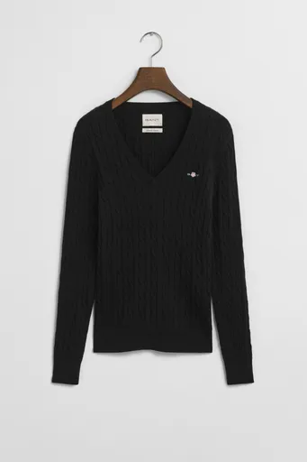 SVETR GANT STRETCH COTTON CABLE V-NECK BLACK