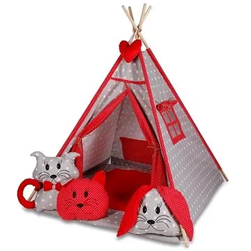 Baby Nellys Stan pro děti týpí s velkou výbavou - šedý, červený (8596309161655)