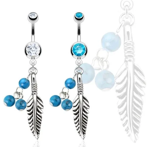 Piercing do bříška z oceli 316L - pírko s tyrkysovými kuličkami - Barva zirkonu: Čirá - C