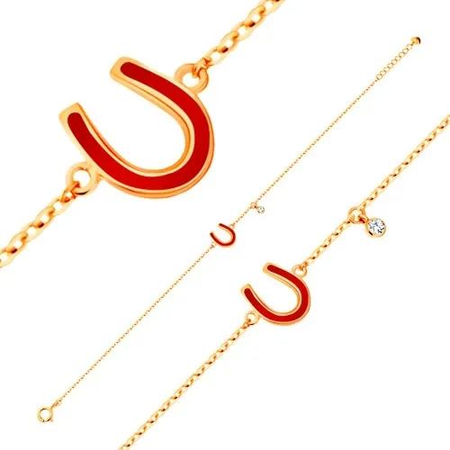 Zlatý 14K náramek - podkůvka pro štěstí, červená glazura, čirý zirkon