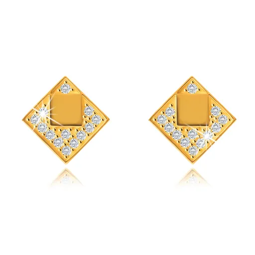 Puzetové náušnice ze 14K žlutého zlata, čtverečky, čiré kulaté zirkony