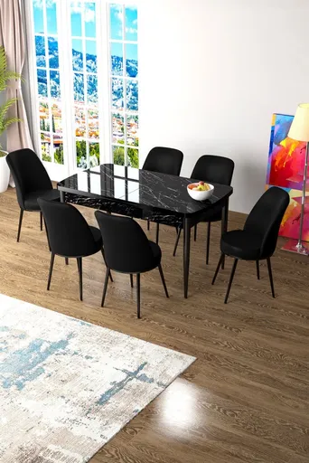 Extendable Dining Table & Chairs Set (7 Pieces) Zen - Black Marble, Black