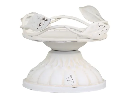 Krémový antik kovový svícen s lístky na širokou svíčku - Ø 8*8cm Chic Antique