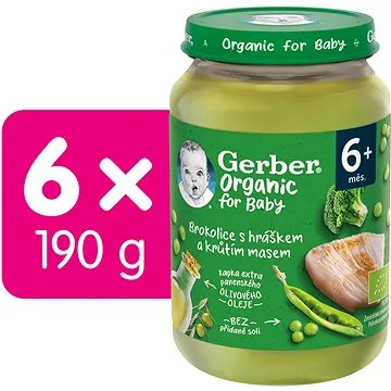 GERBER ORGANIC dětský příkrm brokolice s hráškem a krutím masem 6× 190 g (8445290155740)