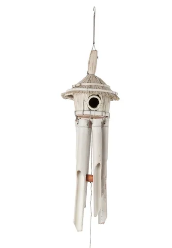 Přírodně - bílá bambusová zvonkohra s ptačí budkou - 16*16*130cm J-Line by Jolipa