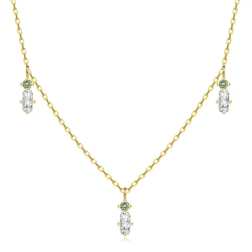 Náhrdelník ze žlutého 14K zlata - zelené kulaté a čiré obdélníkové zirkony
