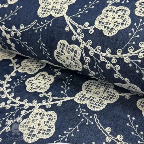 Bavlněná látka JEANS EMBROIDERY Flora design C