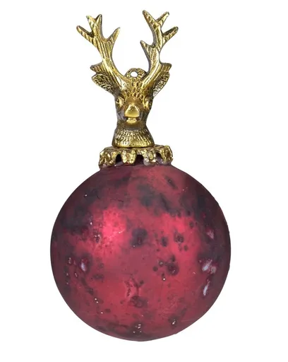 Červená antik skleněná vánoční koule s jelenem Deer - Ø8* 14 cm Mars & More