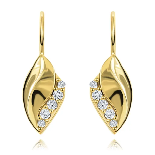 Náušnice ve žlutém 14K zlatě - lesklý zvlněný list s linií čirých zirkonků
