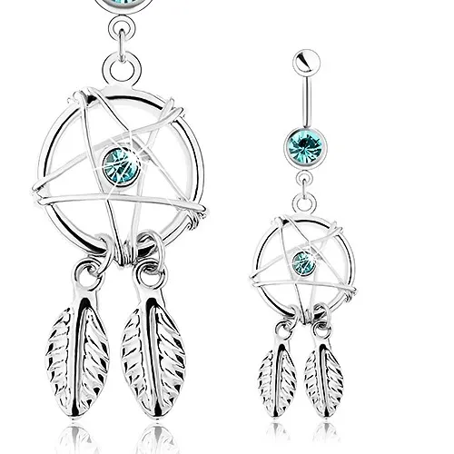 Piercing z oceli 316L, stříbrná barva, lapač snů s pírky, modré zirkony