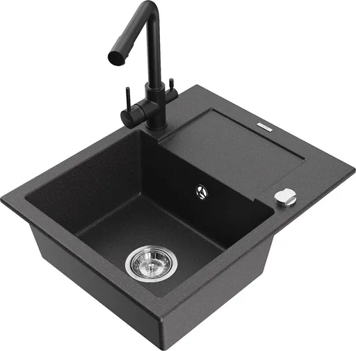 MEXEN/S Enzo granitový dřez 1-miska s odkapávačem včetně baterie Duero, černá kropenatý 6506-76-671600-70