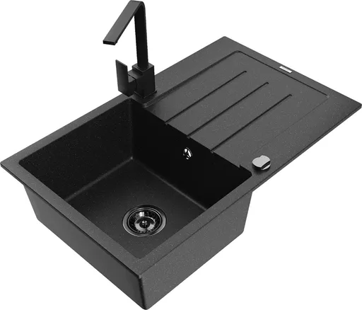 MEXEN/S Bruno granitový dřez 1-miska s odkapávačem včetně baterie Rita, černý/stříbrný metalik 6513-73-670300-70-B