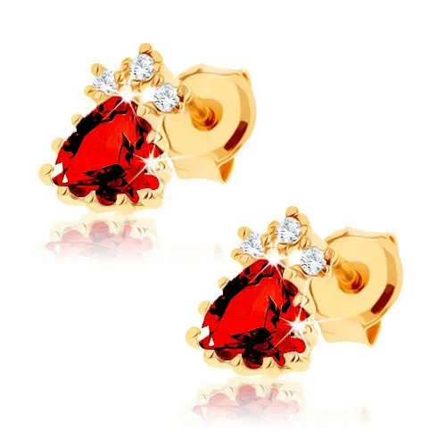 Náušnice z 14K zlata ve tvaru trojúhelníku s granátem a kubickými zirkony
