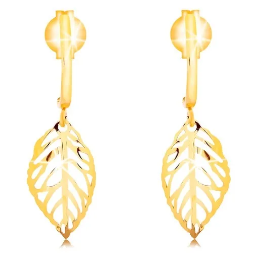 Náušnice ve žlutém 14K zlatě - vyřezávaný list, visící na lesklém oblouku