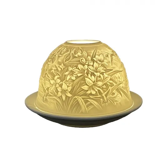 Bílý porcelánový svícen na čajovou svíčku s květinami a ptáčky Paollo - Ø 12 * 8 cm Clayre & Eef