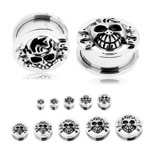 Tunel plug do ucha z oceli 316L, stříbrná barva, vypouklá patinovaná lebka - Tloušťka : 10 mm