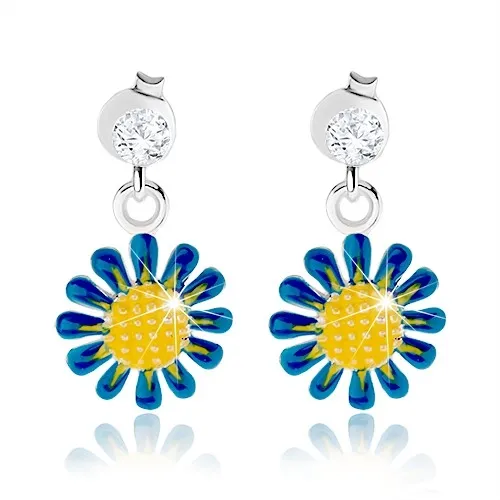 Puzetové náušnice, stříbro 925, visící kvítek žlutomodré barvy, čirý zirkon