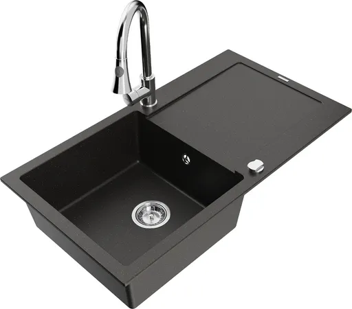 MEXEN/S Leo granitový dřez 1-miska s odkapávačem včetně baterie Elia, černá/zlatá metalik 6501-75-670101-00