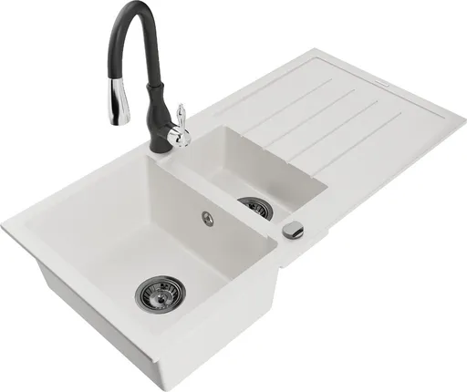 MEXEN/S Andres granitový dřez s odkapávačem včetně baterie Savita, bílá 6515-20-672601-70