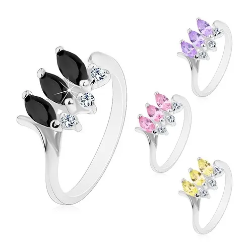 Prsten se zúženými zahnutými rameny, tři barevná broušená zrnka, čiré zirkonky - Velikost: 48, Barva: Černá