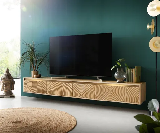 TV stolek Budaya mango přírodní 220 cm 4 dvířka závěsné