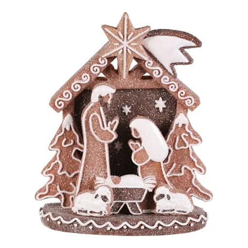 Vánoční dekorace perníkový Betlém, polyresin, LED, hnědá