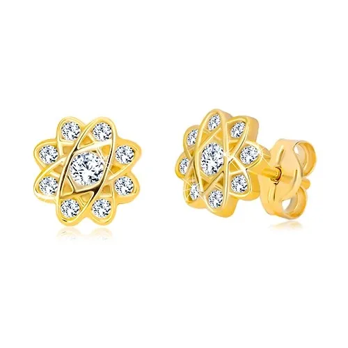 Náušnice ve žlutém zlatě 585 - květ s oválnými liniemi a zirkony, puzetky