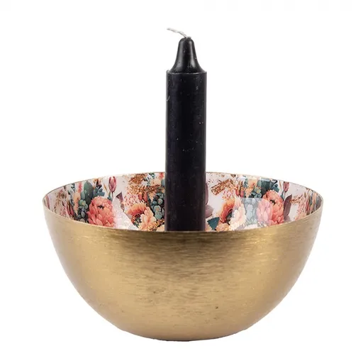 Zlatý kovový svícen s růžovými květy Flowers Gold - Ø 14*6 cm Clayre & Eef