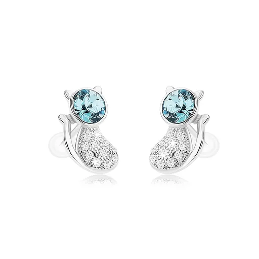 Stříbrné náušnice 925, blyštivá kočička, kulatý zirkon v modrém odstínu