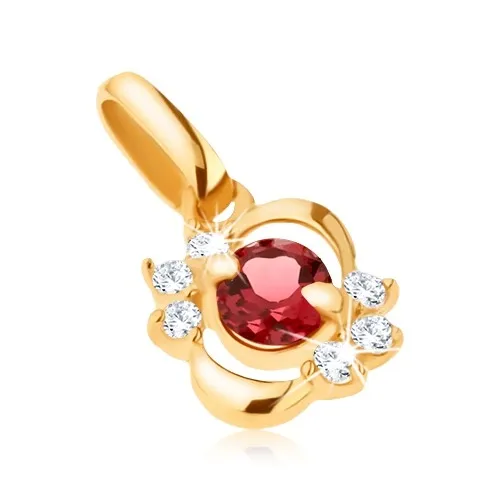 Přívěsek ze žlutého 14K zlata, lesklá elipsa s čirými zirkony, červený granát