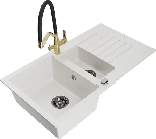 MEXEN/S Matias granitový dřez 1.5 s odkapávačem včetně baterie Duo, bílá 6502-20-671701-57-B