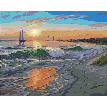 Zuty - Malování podle čísel - PLACHETNICE, VLNY A PLÁŽ (DARRELL BUSH), 80x100 cm, vypnuté plátno na  (HRAmmb04931nad)