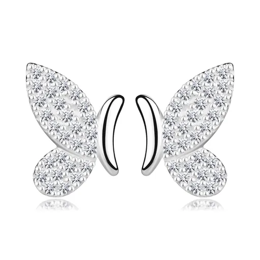 Stříbrné 925 náušnice - motýl, hladké tělo, křídla s čirými zirkony